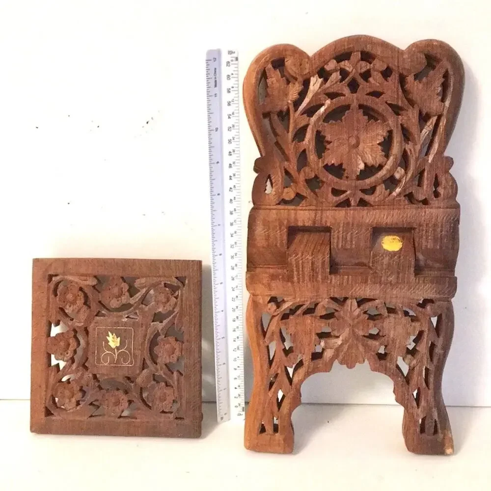 Vintage wooden handcrafted carved book holder tray